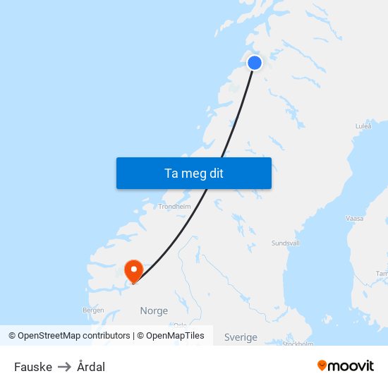 Fauske to Årdal map