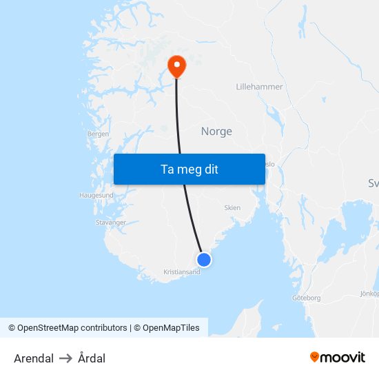 Arendal to Årdal map