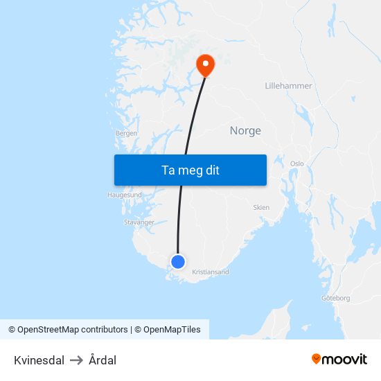 Kvinesdal to Årdal map
