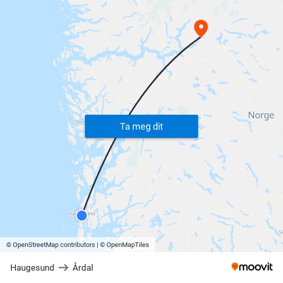 Haugesund to Årdal map