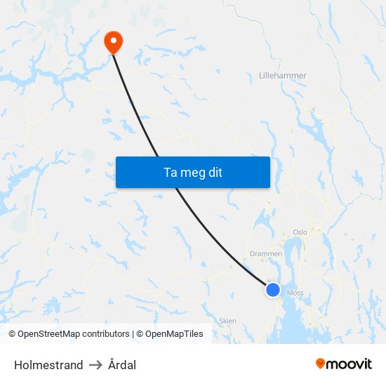 Holmestrand to Årdal map