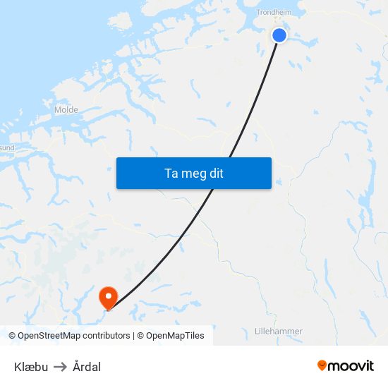 Klæbu to Årdal map