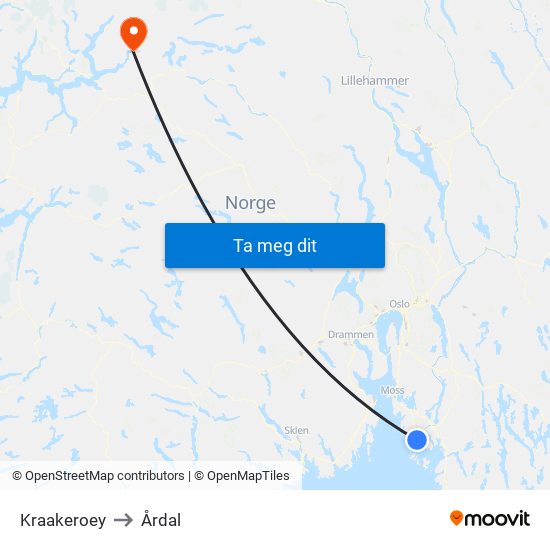 Kraakeroey to Årdal map