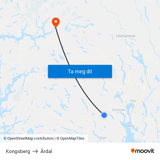 Kongsberg to Årdal map