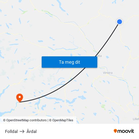 Folldal to Årdal map