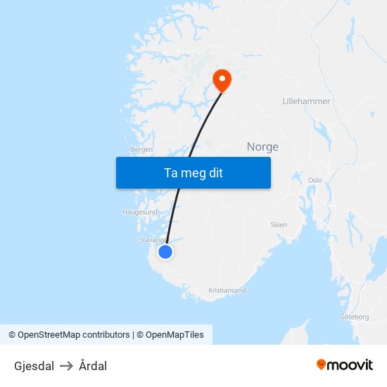 Gjesdal to Årdal map