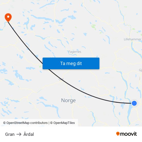 Gran to Årdal map