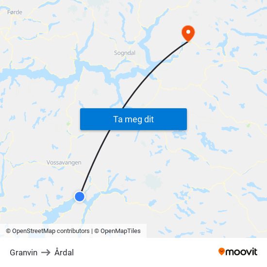 Granvin to Årdal map