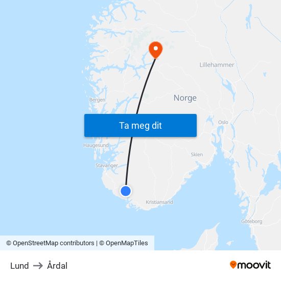 Lund to Årdal map