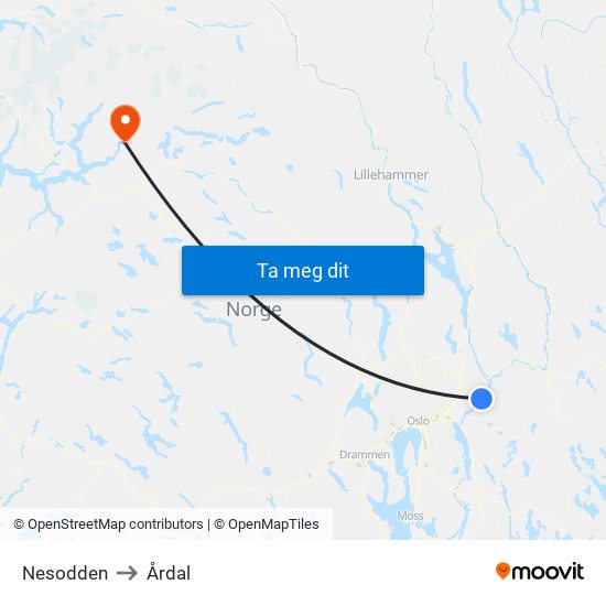 Nesodden to Årdal map