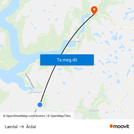 Lærdal to Årdal map