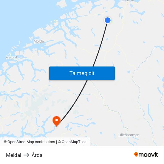 Meldal to Årdal map