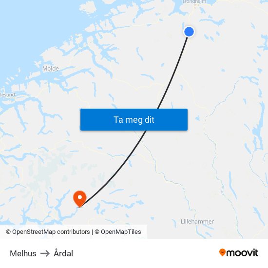 Melhus to Årdal map