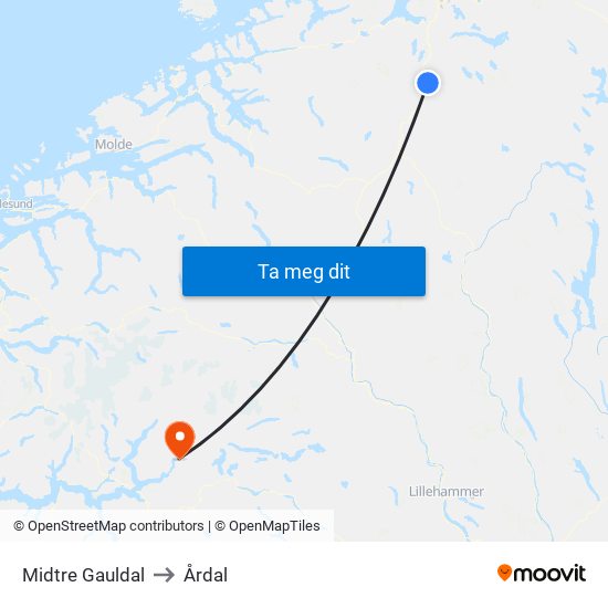 Midtre Gauldal to Årdal map
