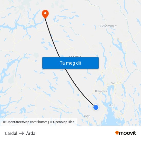 Lardal to Årdal map