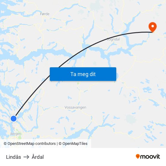 Lindås to Årdal map