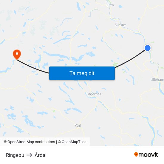 Ringebu to Årdal map