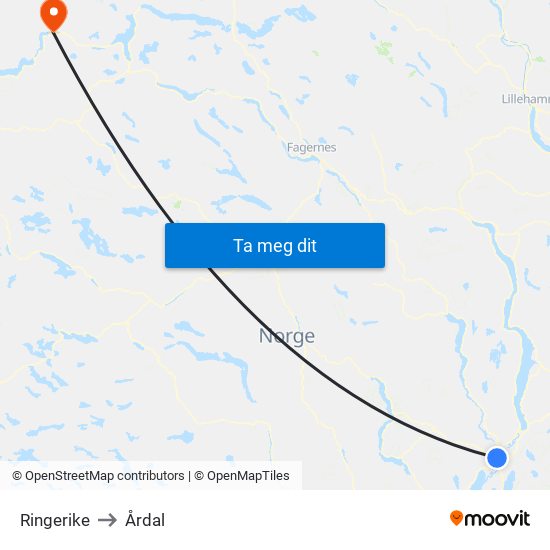 Ringerike to Årdal map