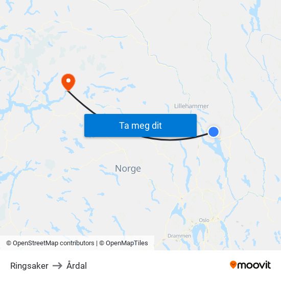 Ringsaker to Årdal map
