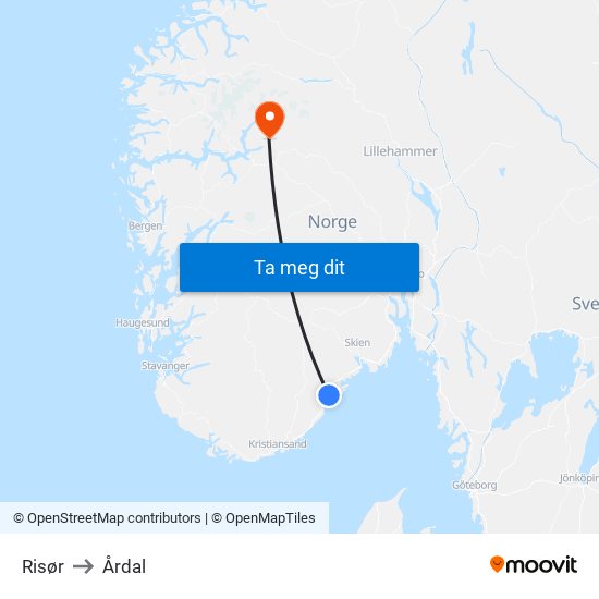 Risør to Årdal map