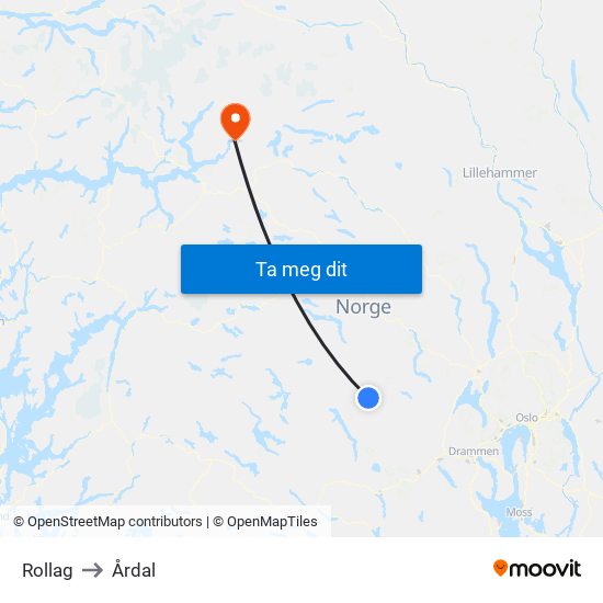 Rollag to Årdal map
