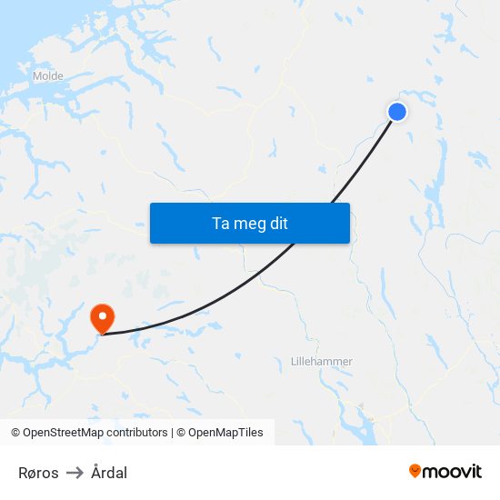 Røros to Årdal map