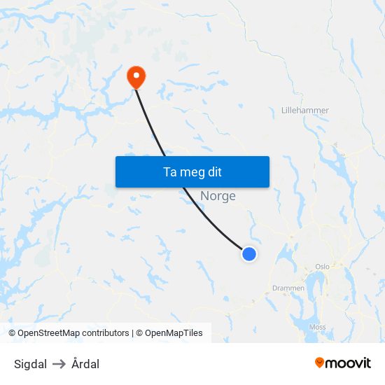Sigdal to Årdal map