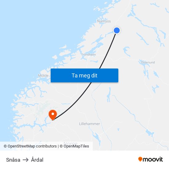 Snåsa to Årdal map