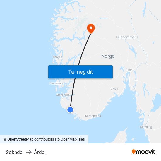 Sokndal to Årdal map