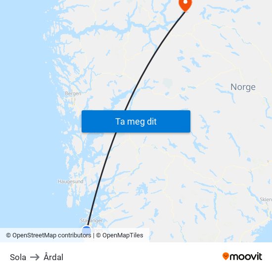 Sola to Årdal map