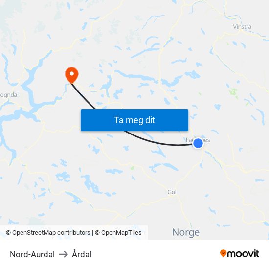 Nord-Aurdal to Årdal map