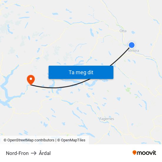 Nord-Fron to Årdal map