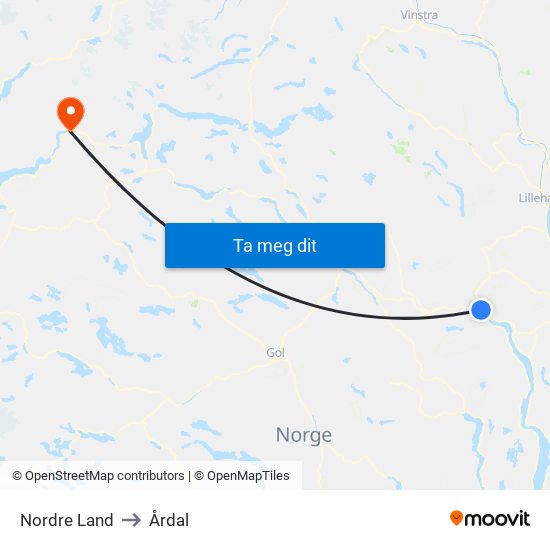 Nordre Land to Årdal map
