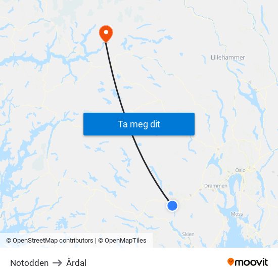 Notodden to Årdal map