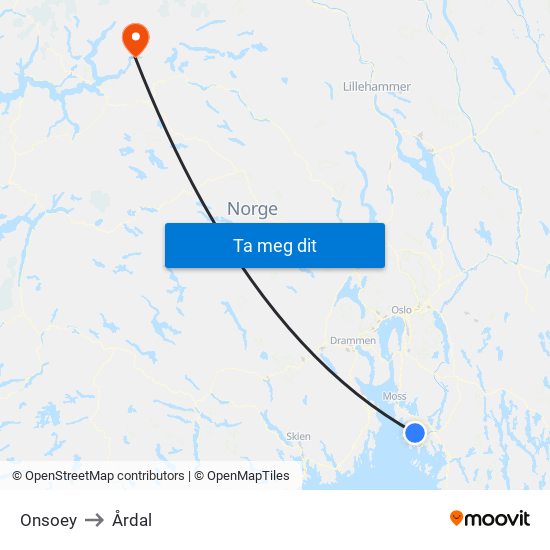 Onsoey to Årdal map