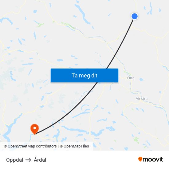 Oppdal to Årdal map