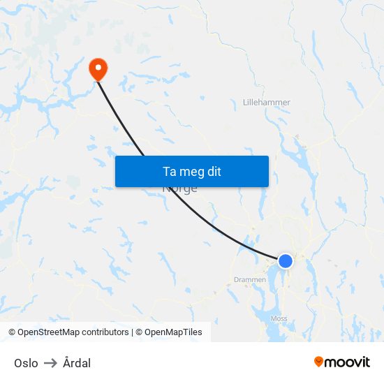 Oslo to Årdal map