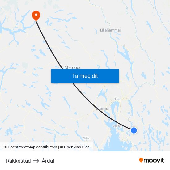 Rakkestad to Årdal map