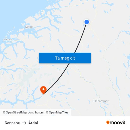 Rennebu to Årdal map