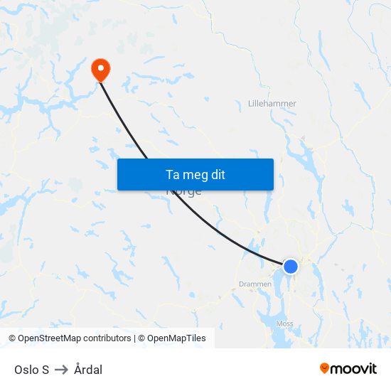 Oslo S to Årdal map