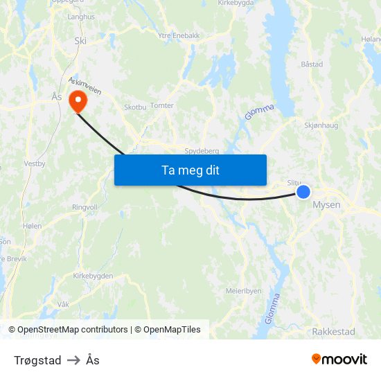 Trøgstad to Ås map