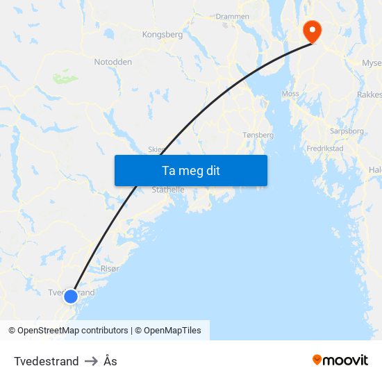 Tvedestrand to Ås map