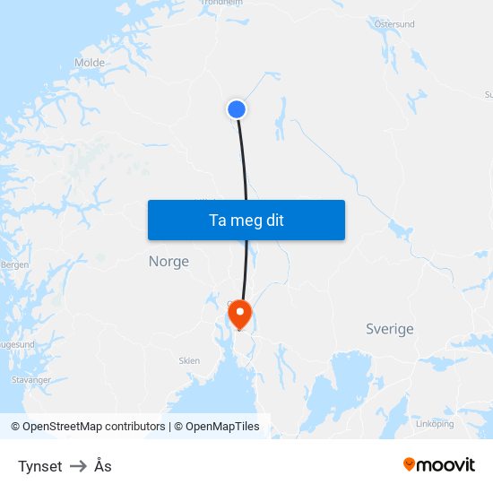 Tynset to Ås map