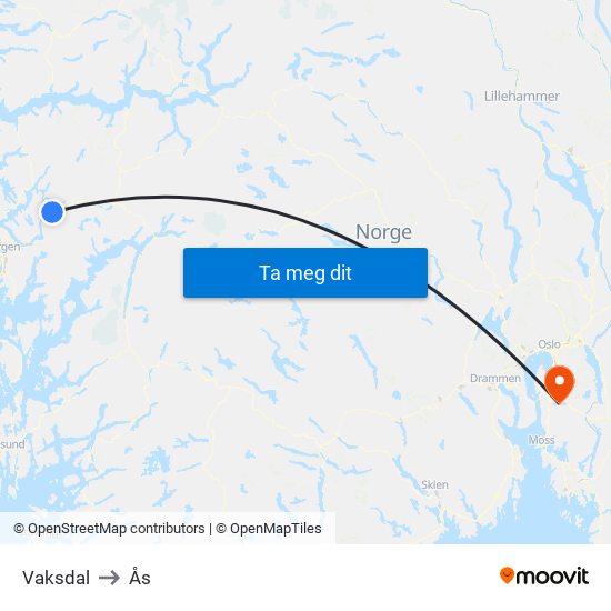 Vaksdal to Ås map