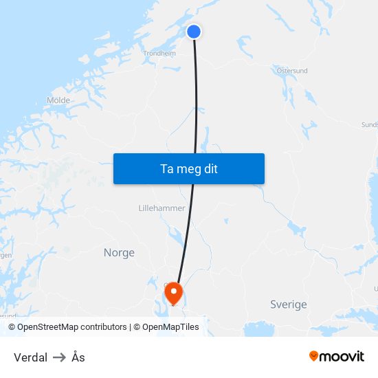 Verdal to Ås map