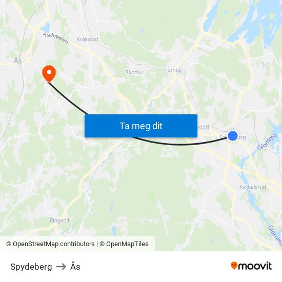 Spydeberg to Ås map