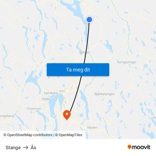 Stange to Ås map