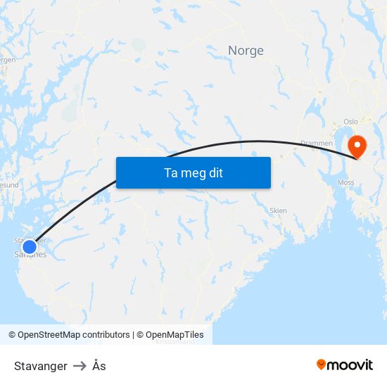 Stavanger to Ås map