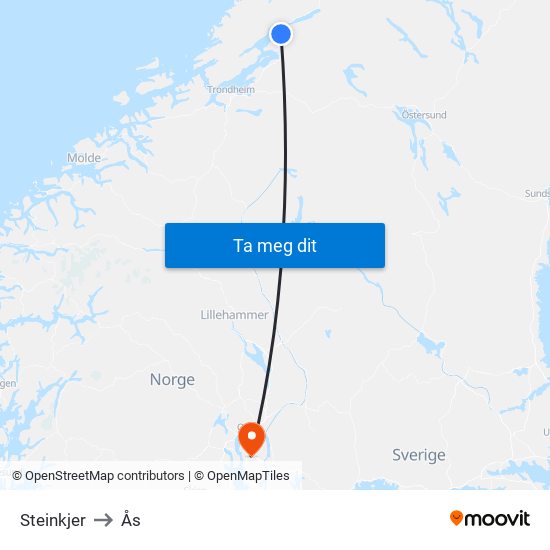 Steinkjer to Ås map