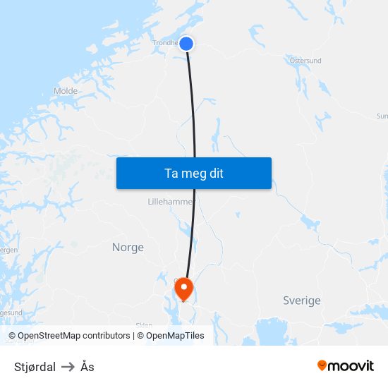 Stjørdal to Ås map